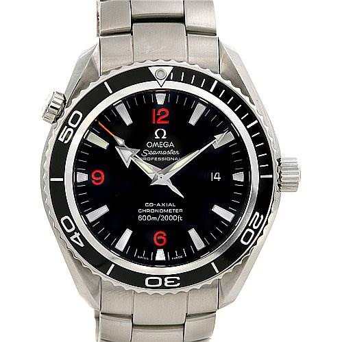This image shows the front view of an Omega Planet Ocean 22005100 OR 2200.   51.   00 Men
s Stainless Steel Black Dial 22005100 OR 2200.   51.   00 Men
s Stainless Steel Black Dial watch, displaying the dial, bezel, crown, and part of the metal bracelet.