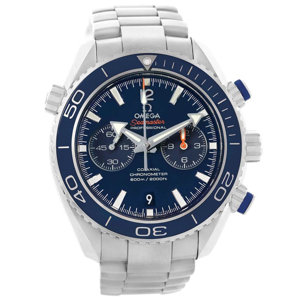 The image shows a front view of the Omega Planet Ocean 87411442 Men's Titanium Blue Dial 87411442 Men's Titanium Blue Dial watch, featuring its face, bezel, and stainless steel bracelet.