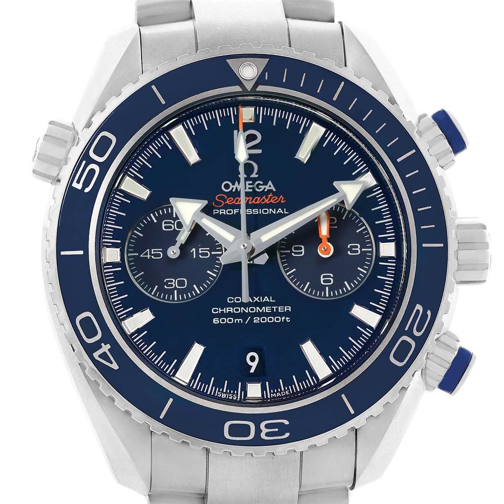 The image shows a close-up, front view of the dial and bezel of the Omega Seamaster Planet Ocean watch.