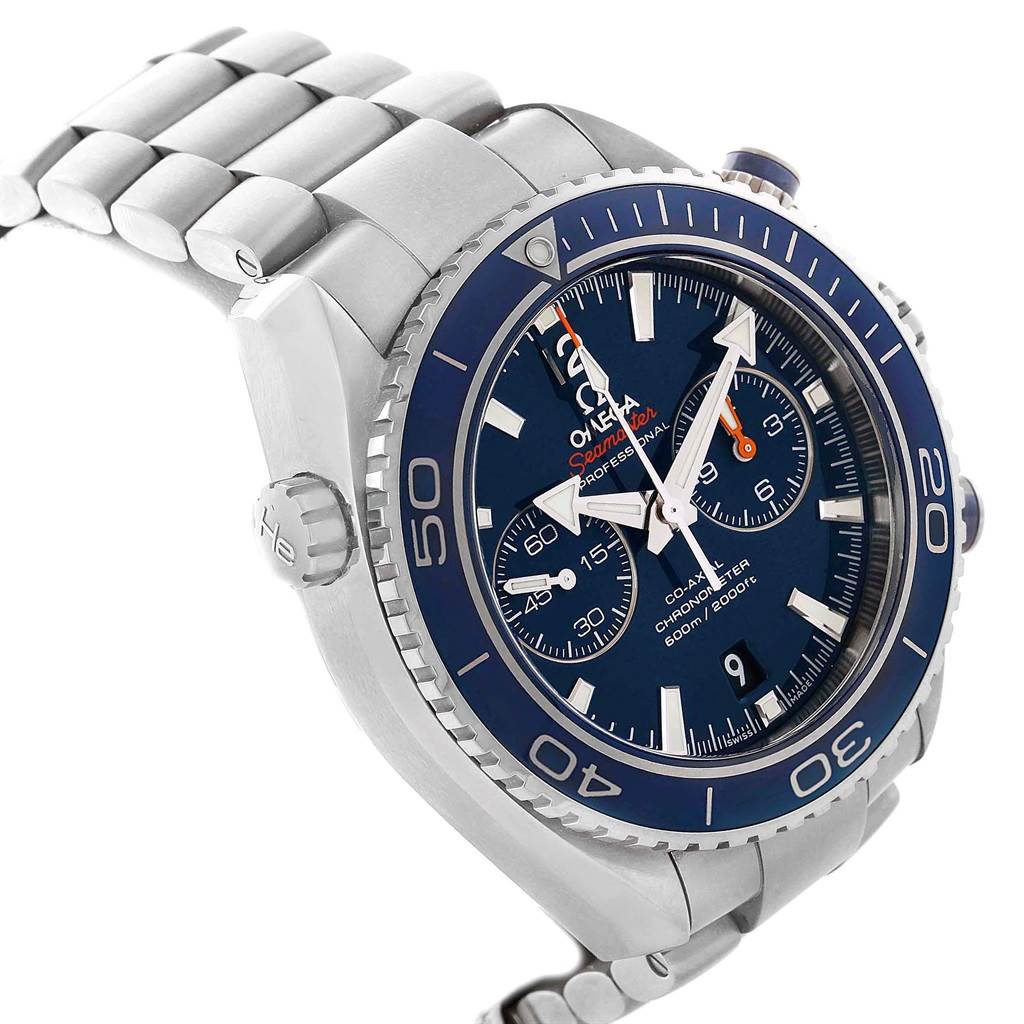 The image shows a side angle of the Omega Planet Ocean 87411442 Men's Titanium Blue Dial 87411442 Men's Titanium Blue Dial watch, highlighting its bezel, dial, and bracelet.