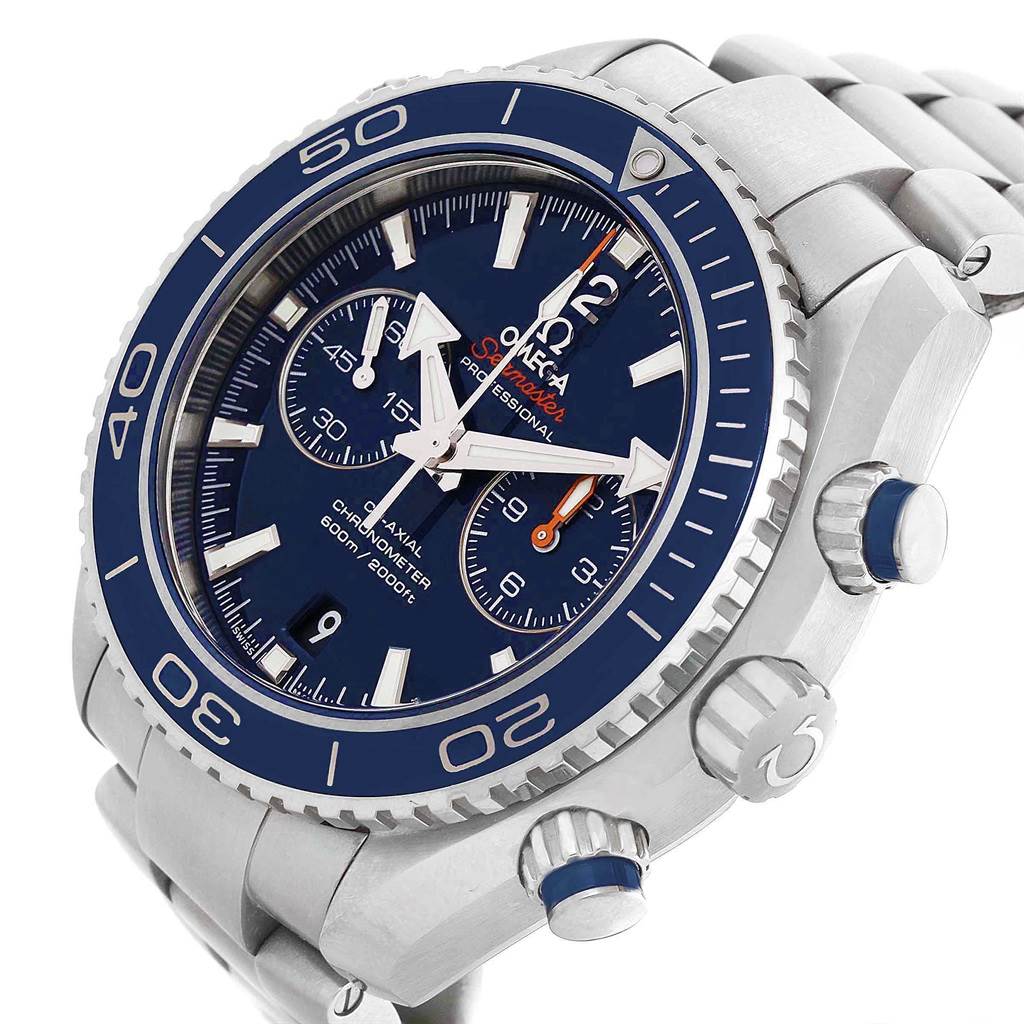 This is a close-up angle of the face and side of the Omega Planet Ocean 87411442 Men's Titanium Blue Dial 87411442 Men's Titanium Blue Dial watch, highlighting its bezel, dials, and crown.