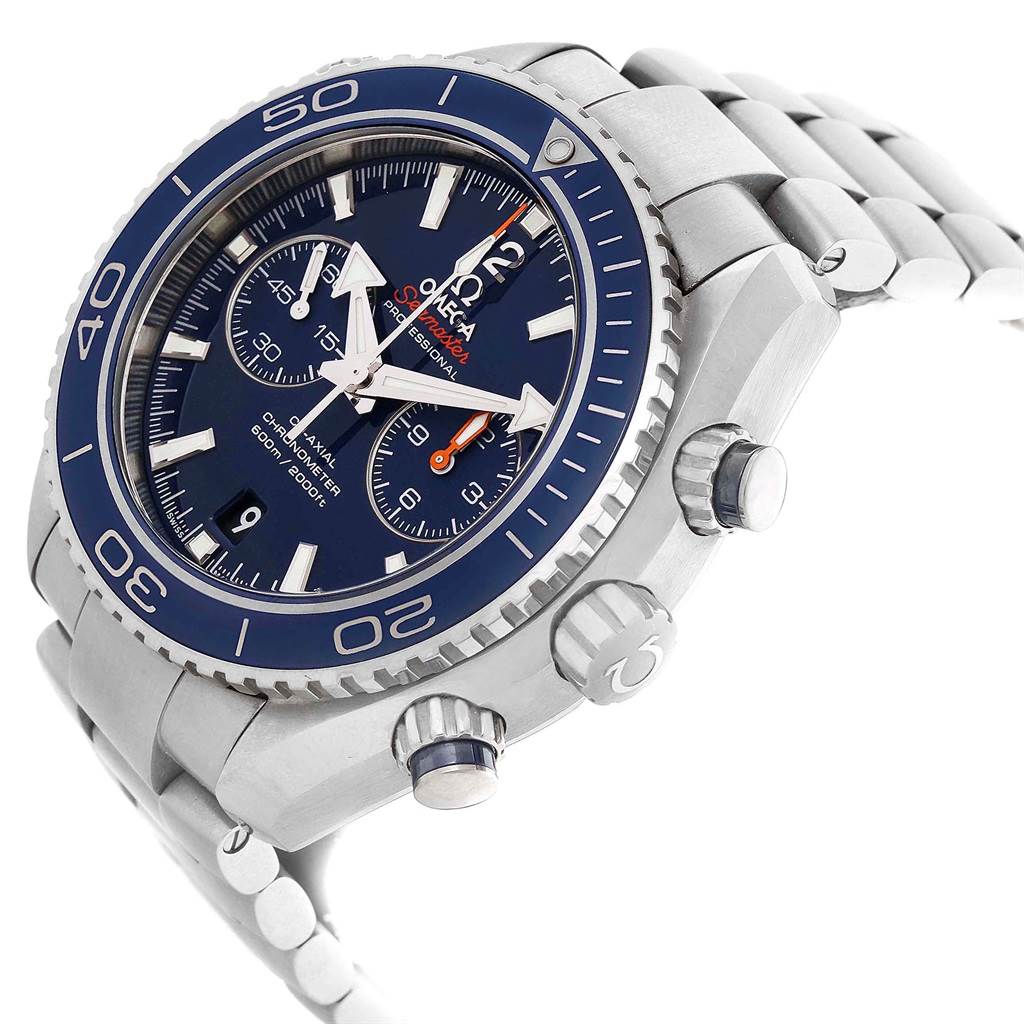The image shows an angled view of the Omega Planet Ocean 87411442 Men's Titanium Blue Dial 87411442 Men's Titanium Blue Dial watch, highlighting the dial, bezel, chronograph buttons, and bracelet.