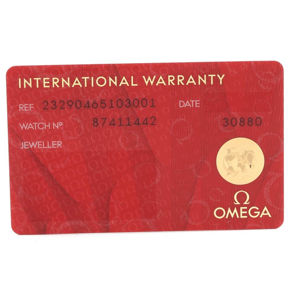 The image shows an Omega Planet Ocean 87411442 Men's Titanium Blue Dial 87411442 Men's Titanium Blue Dial model international warranty card.