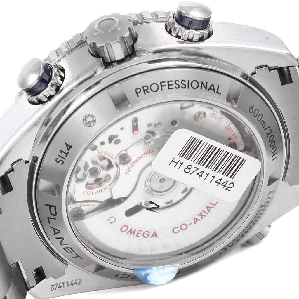 The image shows the back view of an Omega Planet Ocean 87411442 Men's Titanium Blue Dial 87411442 Men's Titanium Blue Dial watch, revealing its transparent case back and movement details.