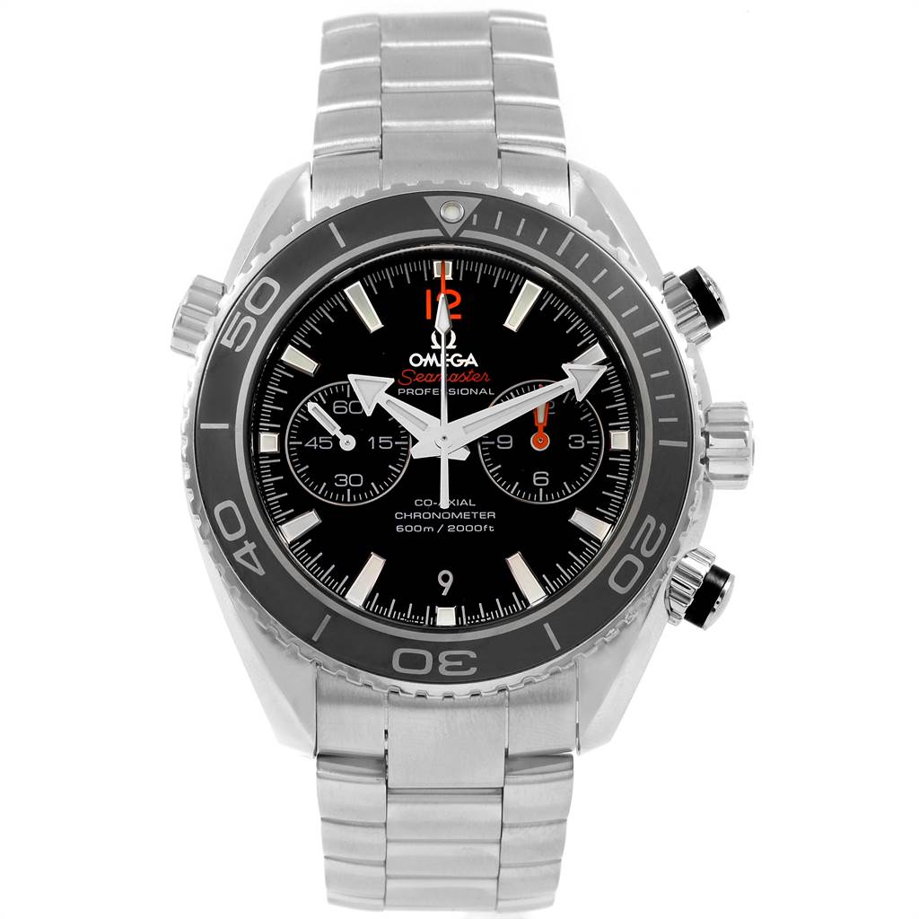 The image shows a frontal view of the Omega Planet Ocean 232.30.42.21.01.003 Men
s Stainless Steel Black Dial 232.30.42.21.01.003 Men
s Stainless Steel Black Dial model, highlighting its face, bezel, and bracelet.