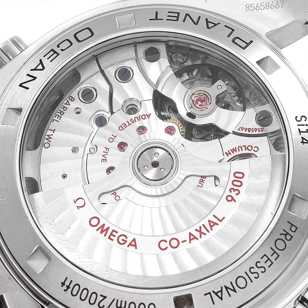 The image shows the back view of the Omega Planet Ocean 232.30.42.21.01.003 Men
s Stainless Steel Black Dial 232.30.42.21.01.003 Men
s Stainless Steel Black Dial watch, highlighting the visible mechanics and the Co-Axial 9300 movement.