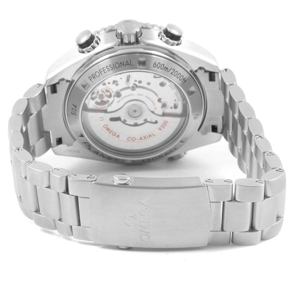 The image shows the back view and bracelet of the Omega Planet Ocean 232.30.42.21.01.003 Men
s Stainless Steel Black Dial 232.30.42.21.01.003 Men
s Stainless Steel Black Dial watch, highlighting the automatic movement and clasp.