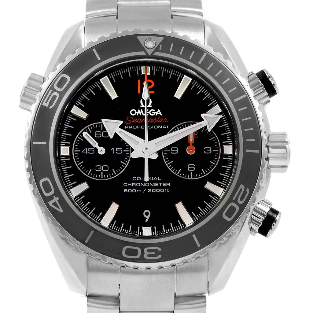 The image shows a front view of the Omega Planet Ocean 232.30.42.21.01.003 Men
s Stainless Steel Black Dial 232.30.42.21.01.003 Men
s Stainless Steel Black Dial watch, highlighting the dial, bezel, and bracelet.