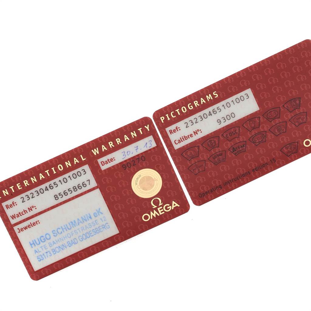 This image shows the International Warranty and Pictograms cards for an Omega Planet Ocean 232.30.42.21.01.003 Men
s Stainless Steel Black Dial 232.30.42.21.01.003 Men
s Stainless Steel Black Dial model watch.