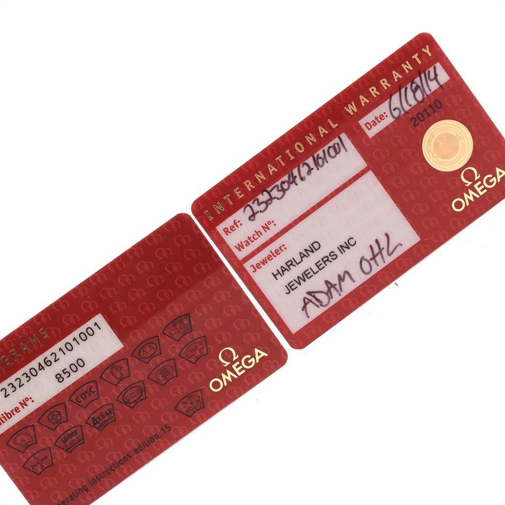 The image shows an Omega Planet Ocean 232.30.46.21.01.001 Men
s Stainless Steel Black Dial 232.30.46.21.01.001 Men
s Stainless Steel Black Dial International Warranty card and Pictograms card.