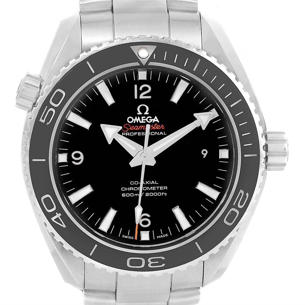 The image shows a front view of the Omega Planet Ocean 232.30.46.21.01.001 Men
s Stainless Steel Black Dial 232.30.46.21.01.001 Men
s Stainless Steel Black Dial watch, highlighting its dial, bezel, and crown.