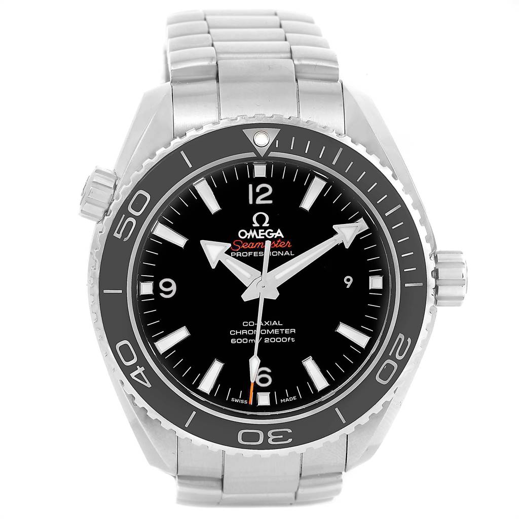 The image shows a front view of the Omega Planet Ocean 232.30.46.21.01.001 Men
s Stainless Steel Black Dial 232.30.46.21.01.001 Men
s Stainless Steel Black Dial Seamaster Professional watch, highlighting the dial, bezel, and bracelet.