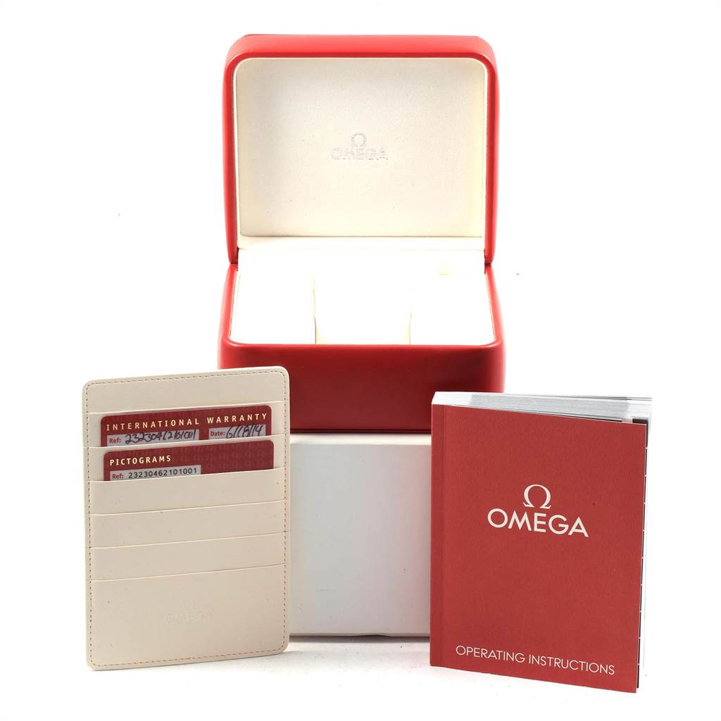 The image shows an Omega Planet Ocean 232.30.46.21.01.001 Men
s Stainless Steel Black Dial 232.30.46.21.01.001 Men
s Stainless Steel Black Dial watch box, warranty card, and an operating instructions booklet.