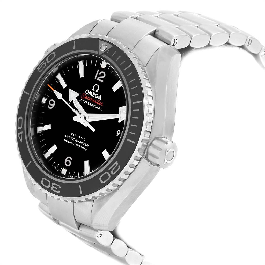 This image shows the Omega Planet Ocean 232.30.46.21.01.001 Men
s Stainless Steel Black Dial 232.30.46.21.01.001 Men
s Stainless Steel Black Dial watch at an angled side view, highlighting the face, bezel, and metal bracelet.