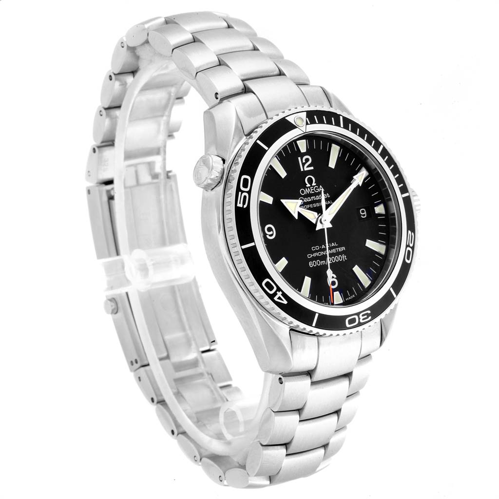 This Omega Planet Ocean 2201.50.00 Men
s Stainless Steel Black Dial 2201.50.00 Men
s Stainless Steel Black Dial watch is shown at a three-quarter angle, highlighting the face, bezel, crown, and stainless steel bracelet.