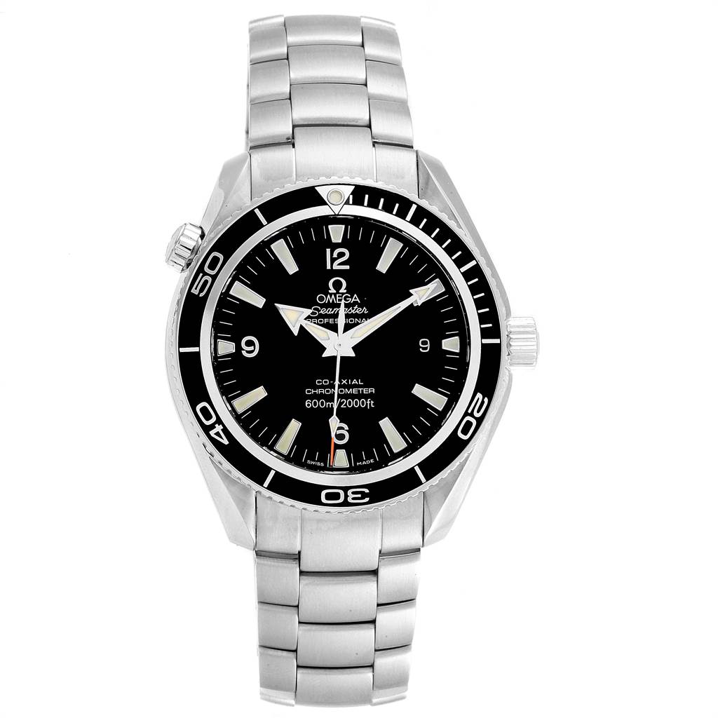 The image shows a front view of the Omega Planet Ocean 2201.50.00 Men
s Stainless Steel Black Dial 2201.50.00 Men
s Stainless Steel Black Dial model watch, highlighting the dial, bezel, crown, and metal bracelet.