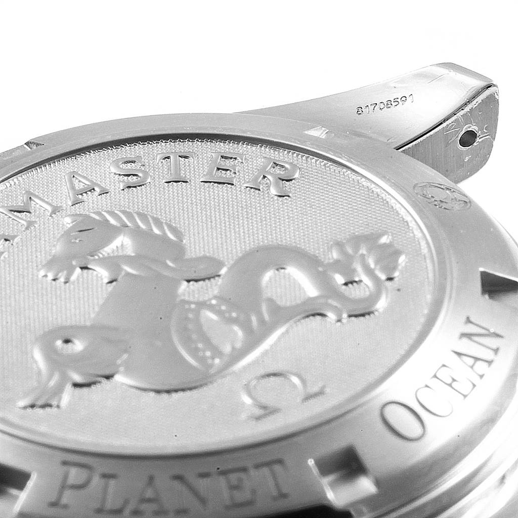 The image shows the backside of the Omega Planet Ocean 2201.50.00 Men
s Stainless Steel Black Dial 2201.50.00 Men
s Stainless Steel Black Dial watch, highlighting the detailed engravings and model information.