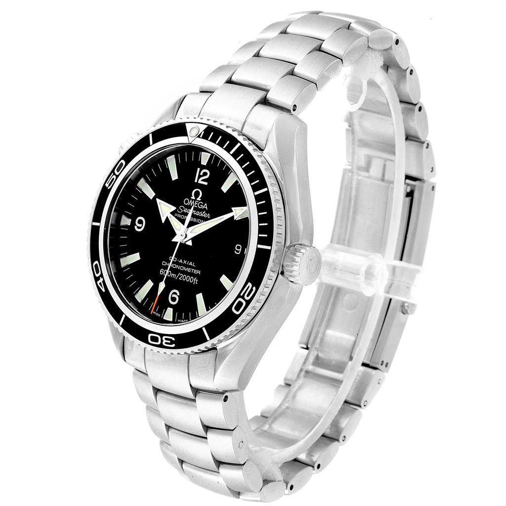The image shows an Omega Planet Ocean 2201.50.00 Men
s Stainless Steel Black Dial 2201.50.00 Men
s Stainless Steel Black Dial watch at a three-quarter angle, highlighting the bezel, dial, bracelet, and crown.