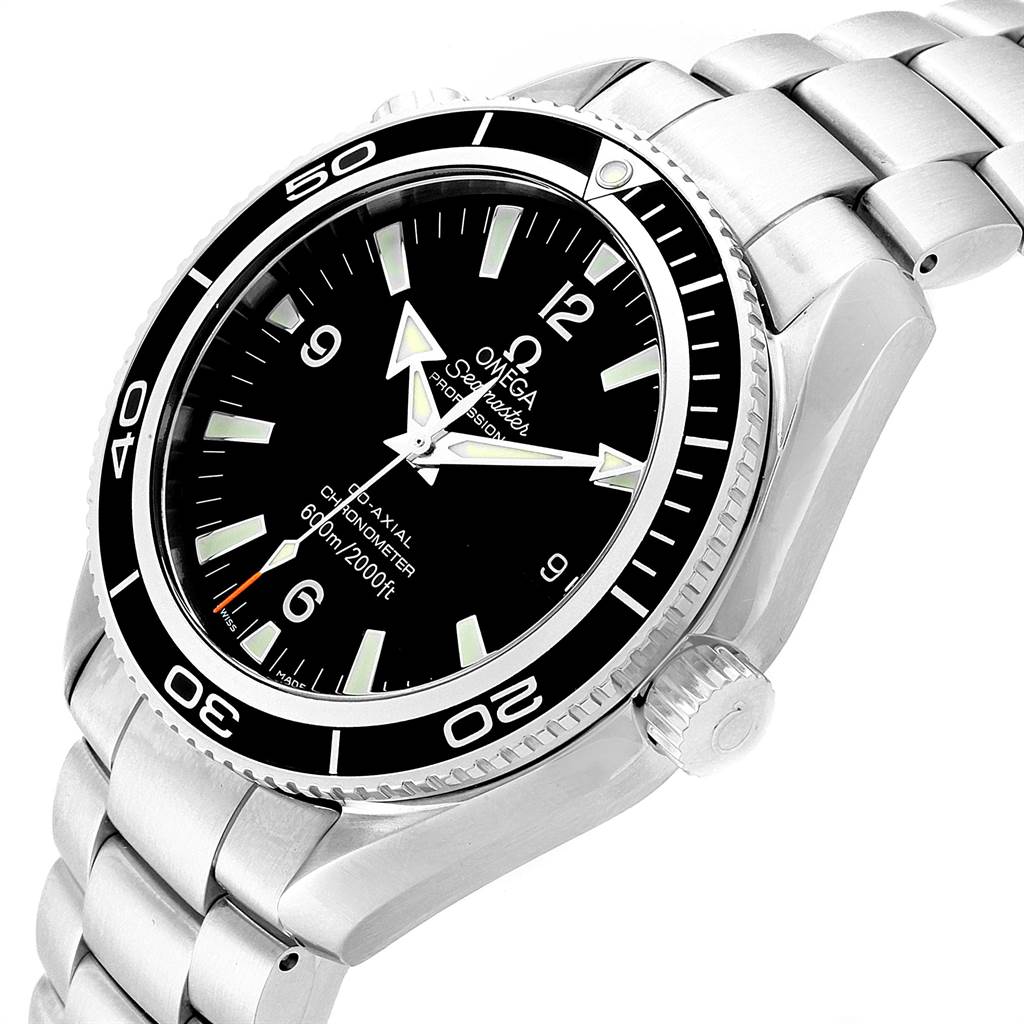 The image shows an angled view of the Omega Planet Ocean 2201.50.00 Men
s Stainless Steel Black Dial 2201.50.00 Men
s Stainless Steel Black Dial watch
s face, bezel, crown, and part of its stainless steel bracelet.