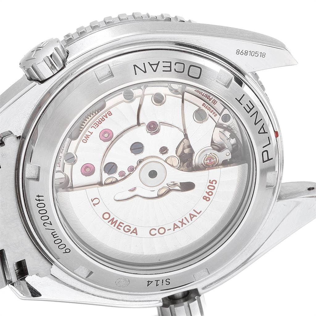 The Omega Planet Ocean 232.30.44.22.01.001 Men
s Stainless Steel Black Dial 232.30.44.22.01.001 Men
s Stainless Steel Black Dial watch is shown from the back, highlighting the Co-Axial 8605 movement and transparent case back.