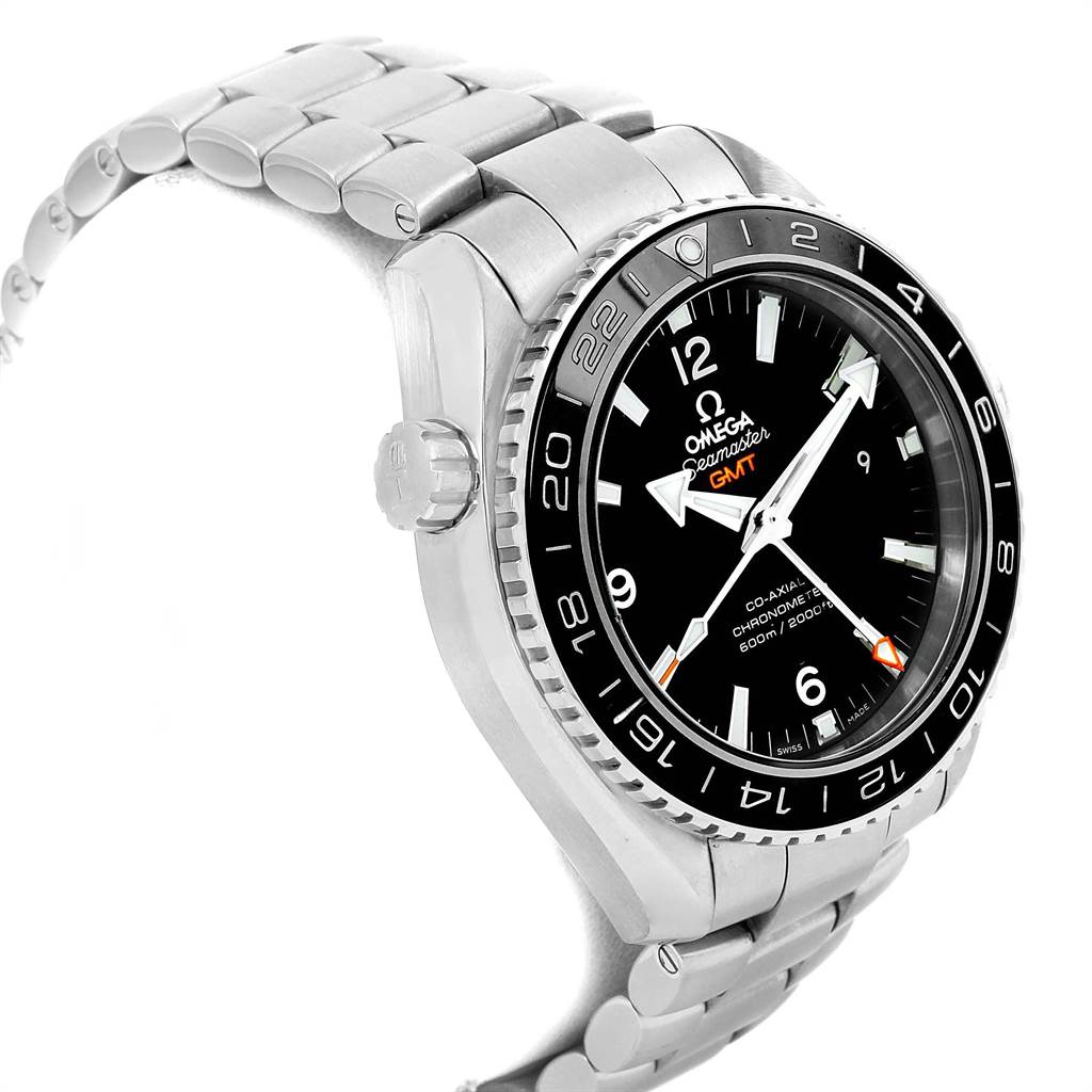 The image shows a side and partial front view of an Omega Planet Ocean 232.30.44.22.01.001 Men
s Stainless Steel Black Dial 232.30.44.22.01.001 Men
s Stainless Steel Black Dial watch, highlighting its dial, bezel, crown, and bracelet.