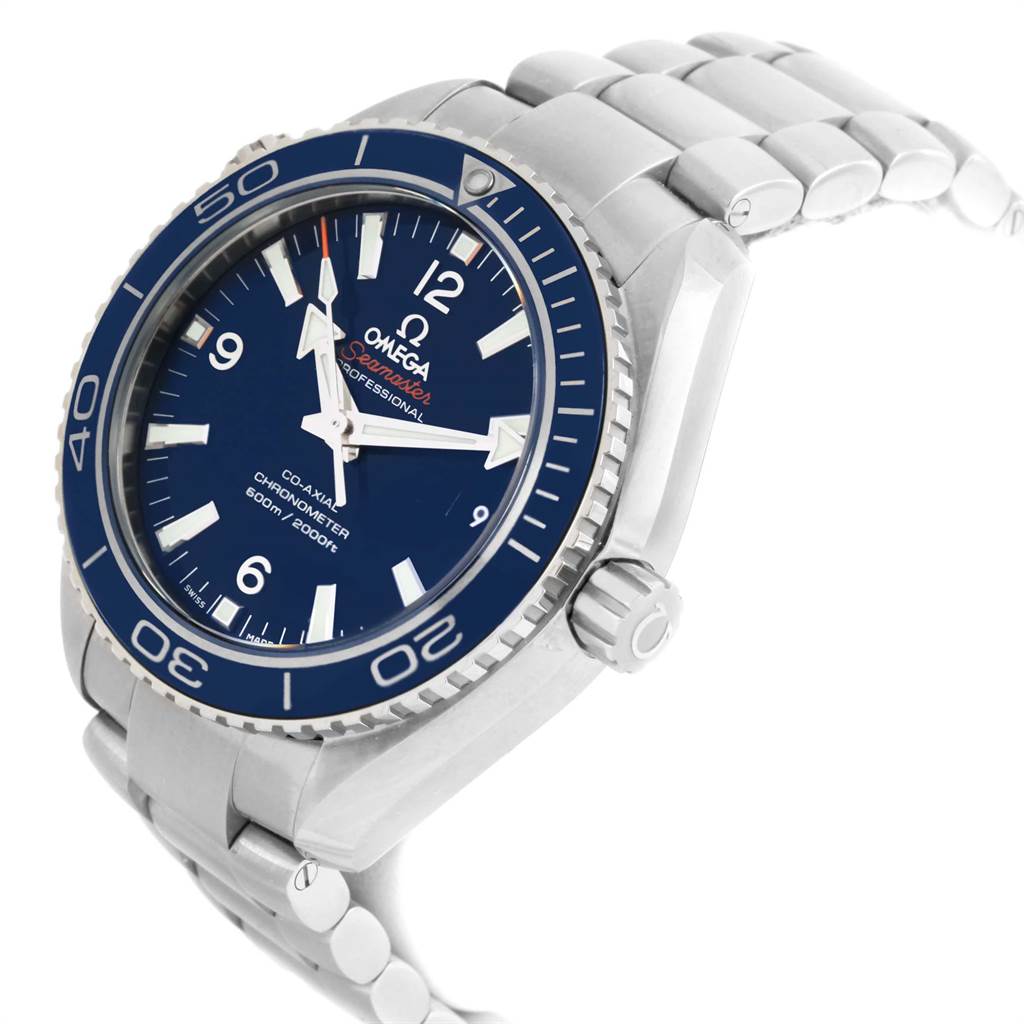 The Omega Planet Ocean 232.90.42.21.03.001 Men's Titanium Blue Dial 232.90.42.21.03.001 Men's Titanium Blue Dial watch is shown from an angled side view, highlighting the bezel, dial, and part of the bracelet.