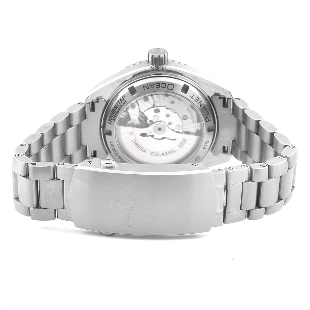 The image shows the back case and clasp of the Omega Planet Ocean 232.90.42.21.03.001 Men's Titanium Blue Dial 232.90.42.21.03.001 Men's Titanium Blue Dial watch, highlighting the movement and bracelet.