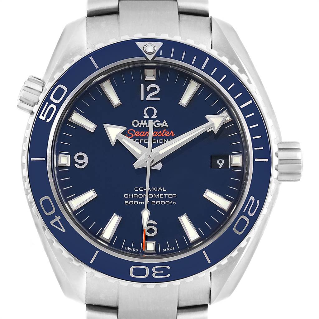 The Omega Planet Ocean 232.90.42.21.03.001 Men's Titanium Blue Dial 232.90.42.21.03.001 Men's Titanium Blue Dial watch is shown from the front, highlighting the dial, bezel, and part of the bracelet.