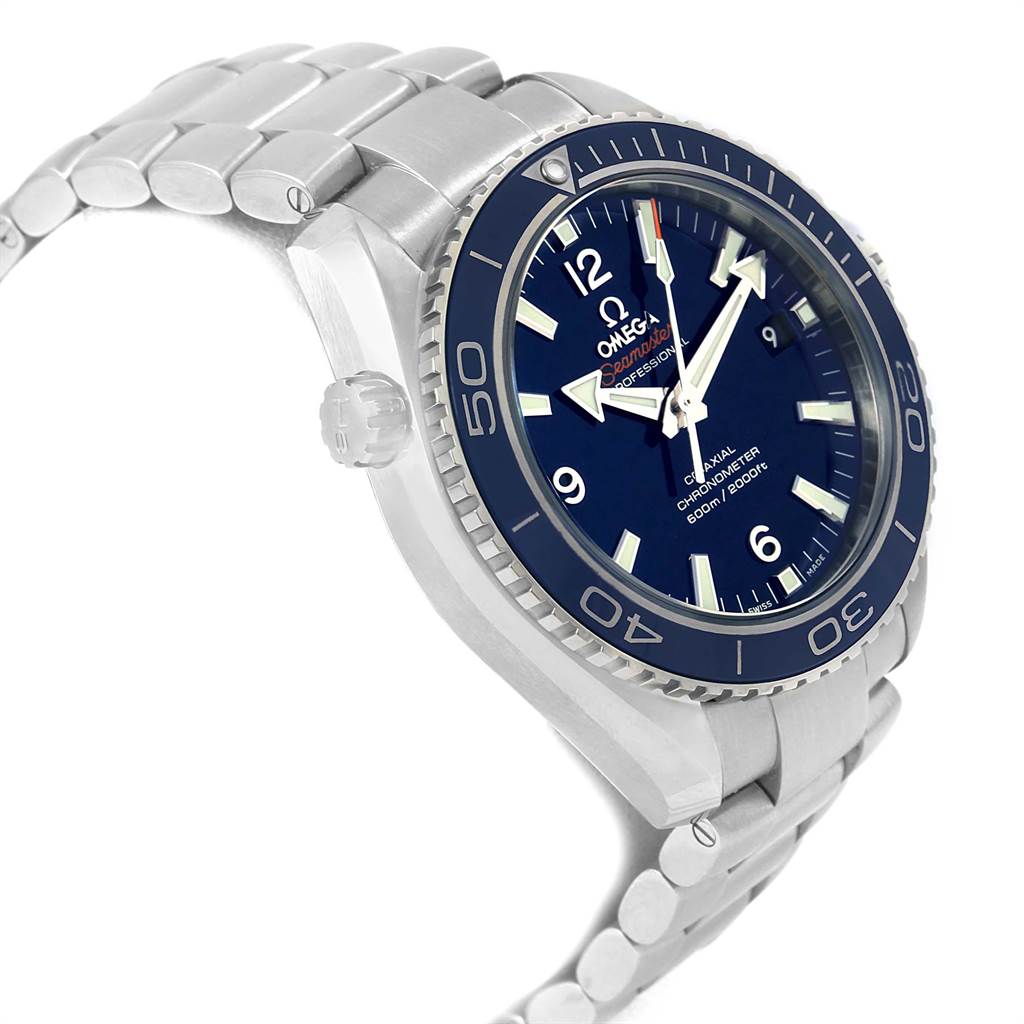 This image shows the Omega Planet Ocean 232.90.42.21.03.001 Men's Titanium Blue Dial 232.90.42.21.03.001 Men's Titanium Blue Dial watch from a side angle, highlighting the blue dial, bezel, crown, and metal bracelet.
