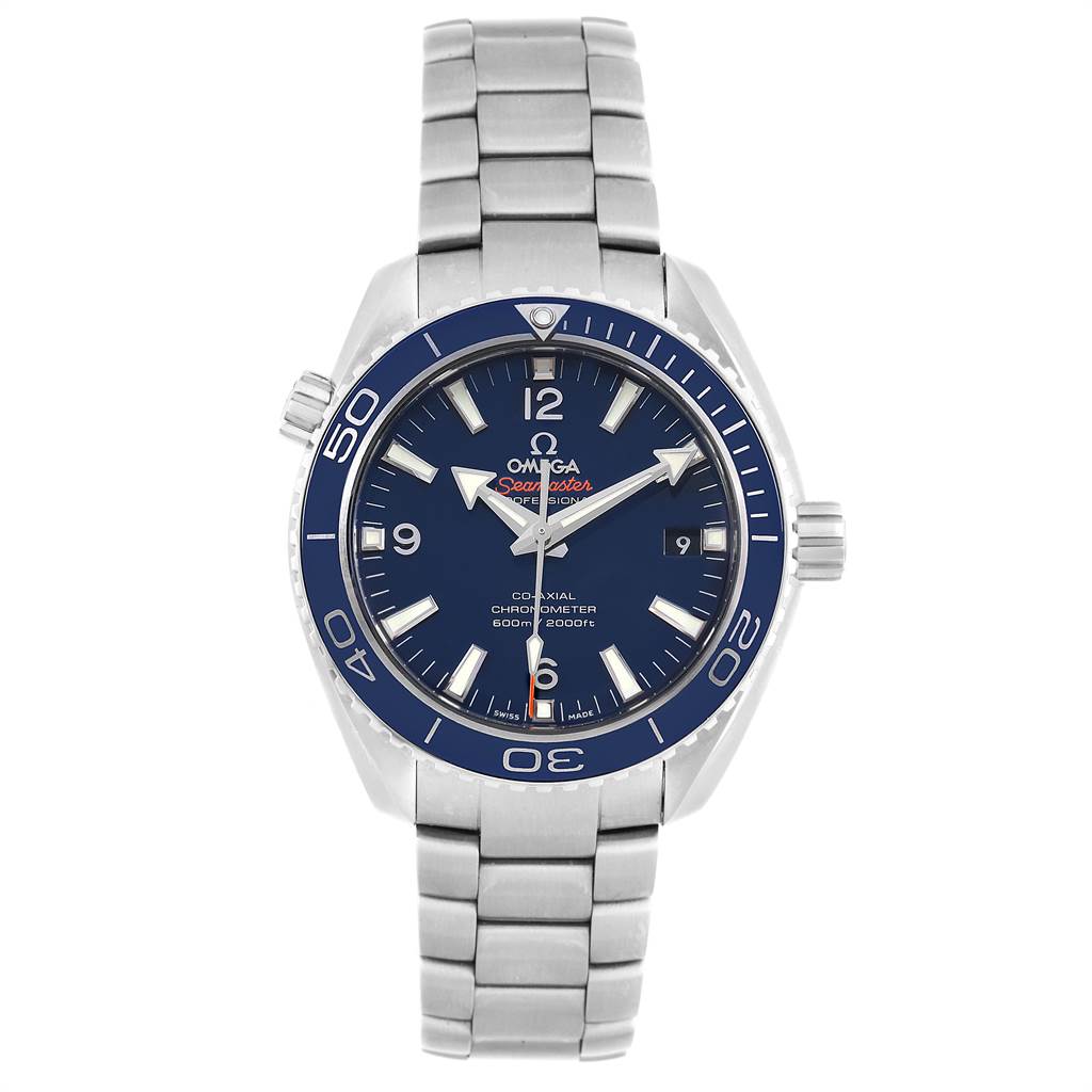 The image shows a front view of an Omega Planet Ocean 232.90.42.21.03.001 Men's Titanium Blue Dial 232.90.42.21.03.001 Men's Titanium Blue Dial watch featuring a blue dial and stainless steel bracelet.