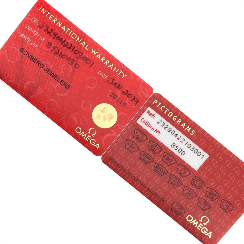 The image shows two red Omega International Warranty cards, likely accessories for the Planet Ocean model.