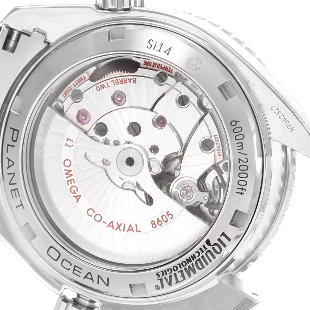 This image shows the back view of the Omega Planet Ocean 232.90.44.22.03.001 Men
s Titanium Blue Dial 232.90.44.22.03.001 Men
s Titanium Blue Dial watch, revealing its inner Co-Axial 8605 movement.