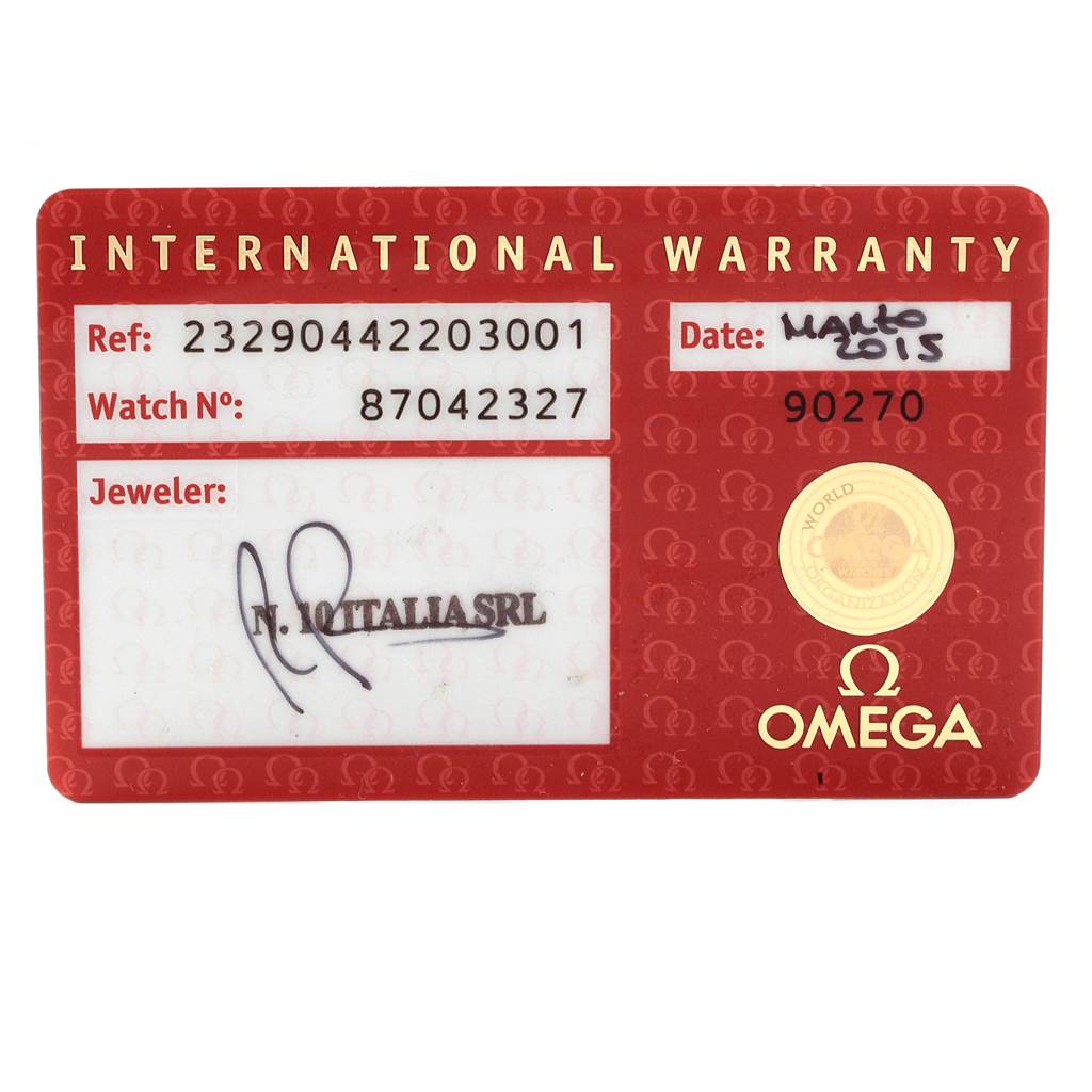 The image shows the international warranty card for the Omega Planet Ocean 232.90.44.22.03.001 Men
s Titanium Blue Dial 232.90.44.22.03.001 Men
s Titanium Blue Dial watch model.
