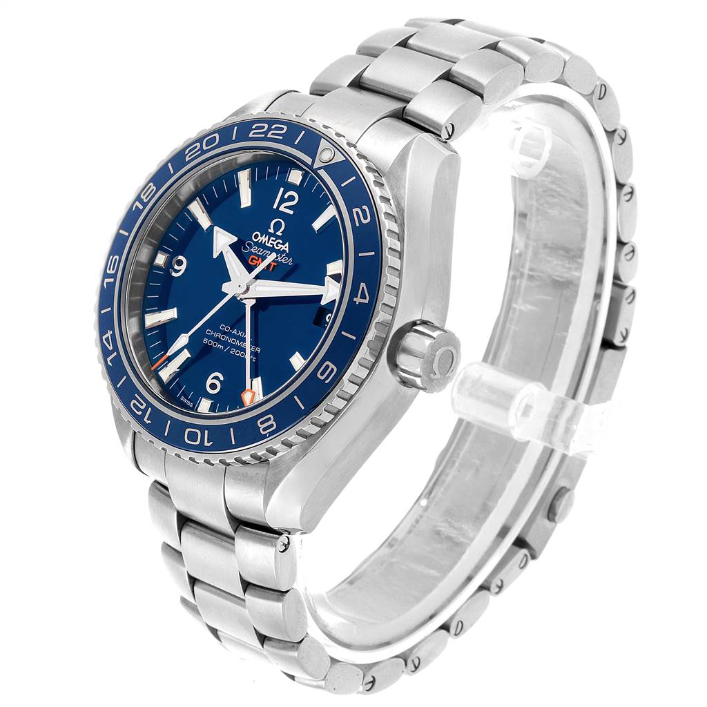 This image shows the Omega Planet Ocean 232.90.44.22.03.001 Men
s Titanium Blue Dial 232.90.44.22.03.001 Men
s Titanium Blue Dial model from an angled side view, highlighting the dial, bezel, crown, and bracelet.