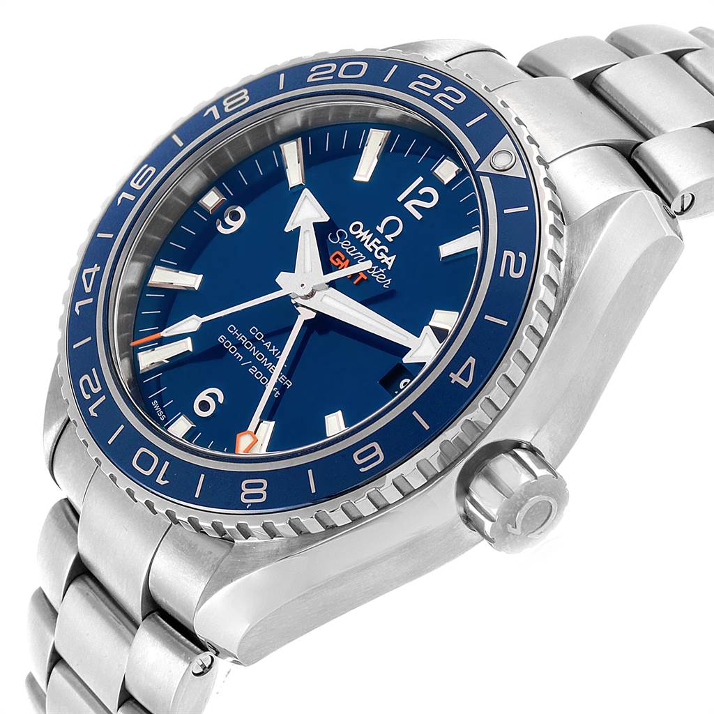 The image shows an Omega Planet Ocean 232.90.44.22.03.001 Men
s Titanium Blue Dial 232.90.44.22.03.001 Men
s Titanium Blue Dial watch at an angle highlighting its dial, bezel, crown, and stainless steel bracelet.