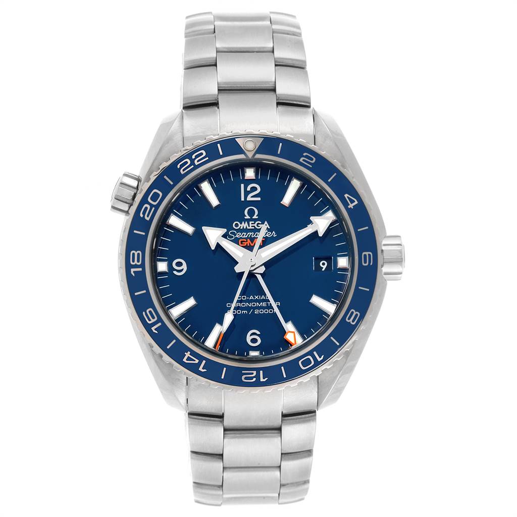 This image shows a front view of an Omega Seamaster Planet Ocean watch, displaying its blue dial and metal bracelet.