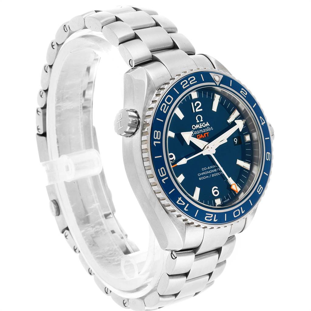 The image displays an Omega Planet Ocean 232.90.44.22.03.001 Men
s Titanium Blue Dial 232.90.44.22.03.001 Men
s Titanium Blue Dial model watch at a three-quarter angle showing the face, bezel, crown, and metal bracelet.