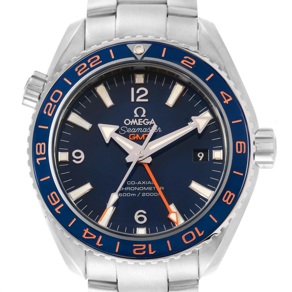 The image shows a front view of the Omega Planet Ocean 232.30.44.22.03.001 Men's Stainless Steel Blue Dial 232.30.44.22.03.001 Men's Stainless Steel Blue Dial watch, detailing its bezel, dial, hands, and bracelet.