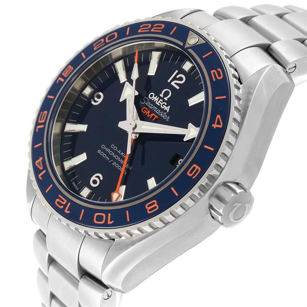 The Omega Planet Ocean 232.30.44.22.03.001 Men's Stainless Steel Blue Dial 232.30.44.22.03.001 Men's Stainless Steel Blue Dial watch is shown at a slight angle, displaying the face, bezel, crown, and part of the bracelet.