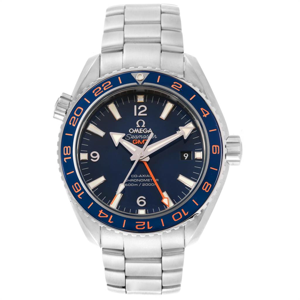 The image shows a front view of the Omega Planet Ocean 232.30.44.22.03.001 Men's Stainless Steel Blue Dial 232.30.44.22.03.001 Men's Stainless Steel Blue Dial model watch, displaying the dial, bezel, and metal bracelet.