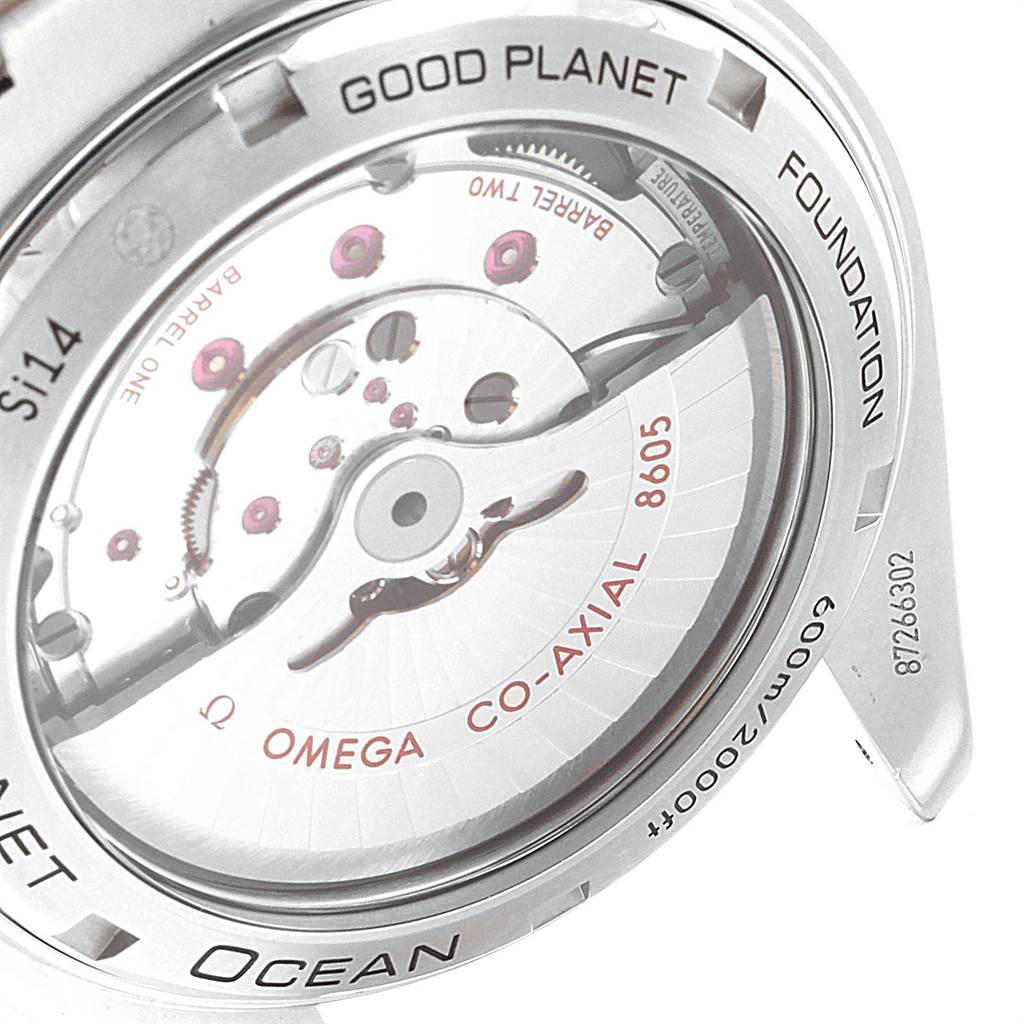 The image shows the back of the Omega Planet Ocean 232.30.44.22.03.001 Men's Stainless Steel Blue Dial 232.30.44.22.03.001 Men's Stainless Steel Blue Dial watch, highlighting the visible Co-Axial movement mechanism.