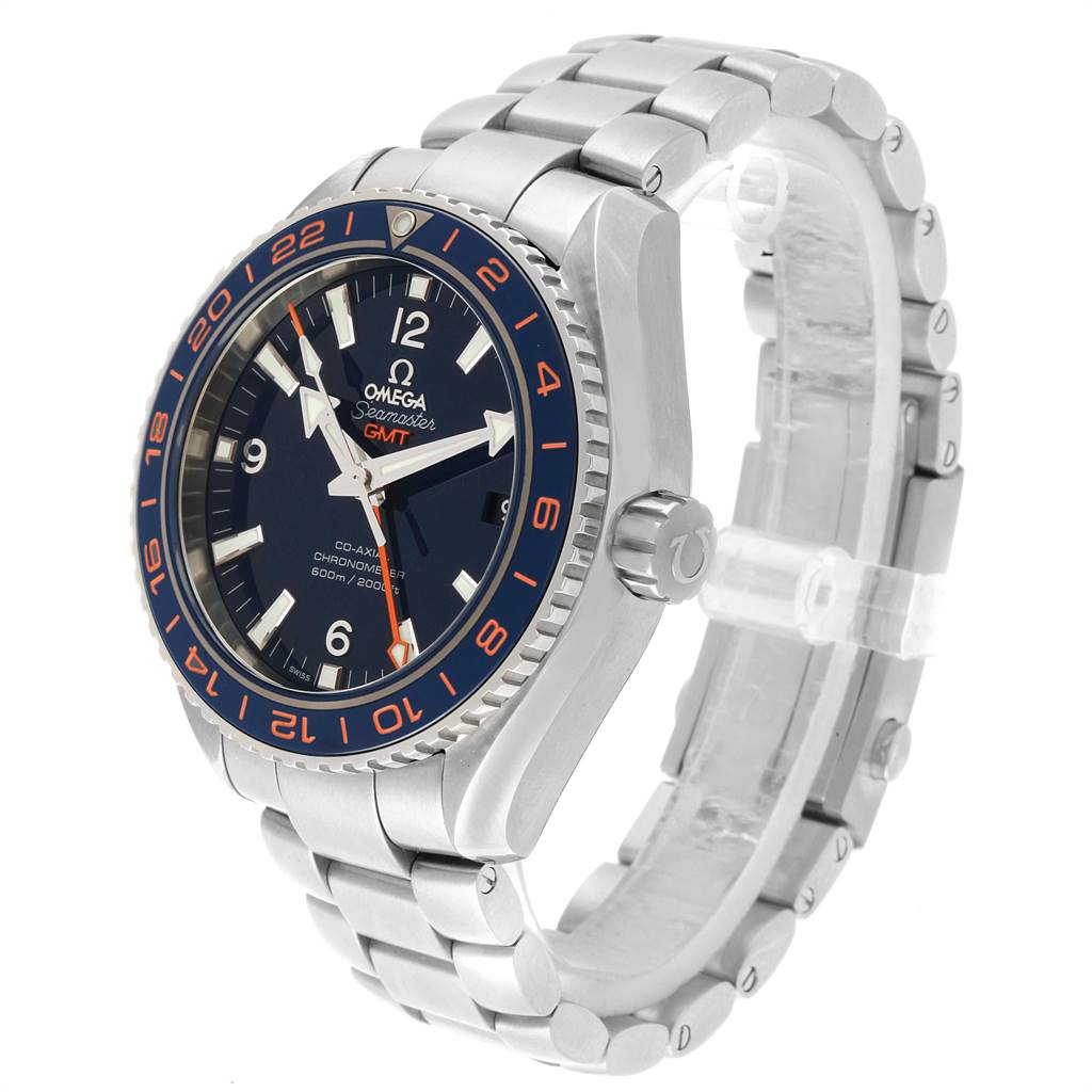 The image shows a side and front angle of the Omega Planet Ocean 232.30.44.22.03.001 Men's Stainless Steel Blue Dial 232.30.44.22.03.001 Men's Stainless Steel Blue Dial Seamaster GMT watch, highlighting the face, bezel, crown, and bracelet.