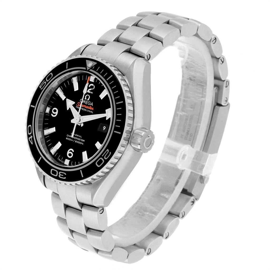 The Omega Planet Ocean 232.30.42.21.01.003 Men
s Stainless Steel Black Dial 232.30.42.21.01.003 Men
s Stainless Steel Black Dial watch is shown at a three-quarter angle, highlighting its black dial, bezel, and metallic bracelet.