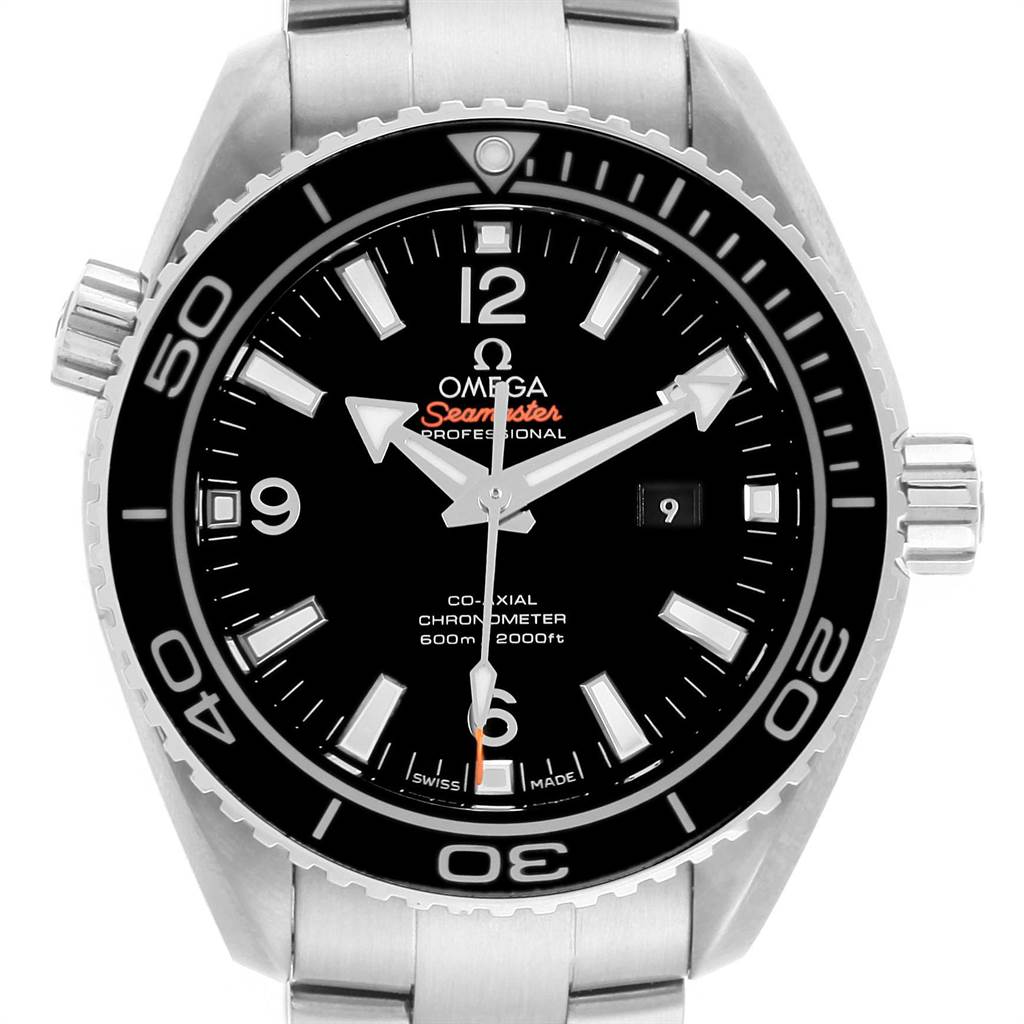 The image shows a front view of the Omega Planet Ocean 232.30.42.21.01.003 Men
s Stainless Steel Black Dial 232.30.42.21.01.003 Men
s Stainless Steel Black Dial model watch, highlighting its face, bezel, and crown.