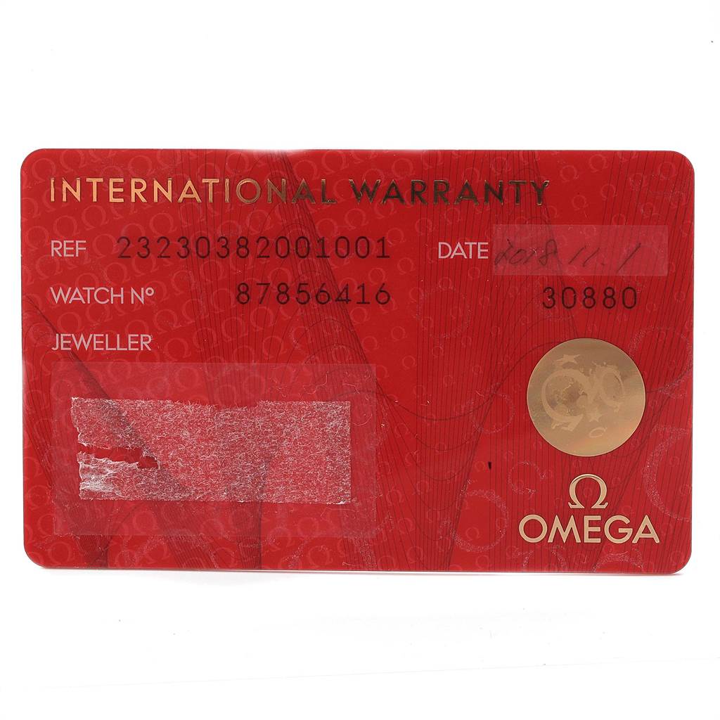 The image shows the International Warranty card for the Omega Planet Ocean 232.30.42.21.01.003 Men
s Stainless Steel Black Dial 232.30.42.21.01.003 Men
s Stainless Steel Black Dial watch, detailing reference, watch number, and date.