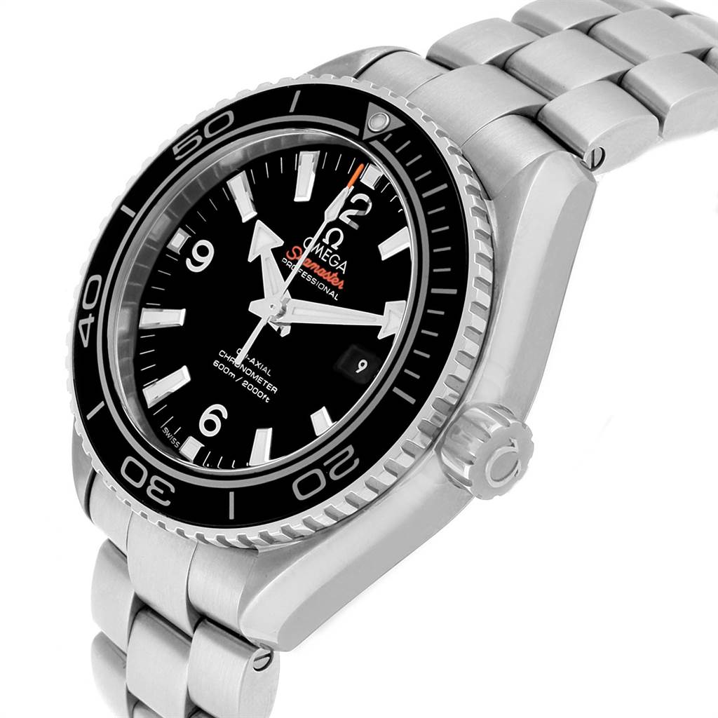 The image displays an angled view of an Omega Planet Ocean 232.30.42.21.01.003 Men
s Stainless Steel Black Dial 232.30.42.21.01.003 Men
s Stainless Steel Black Dial watch, showcasing its dial, bezel, crown, and bracelet.