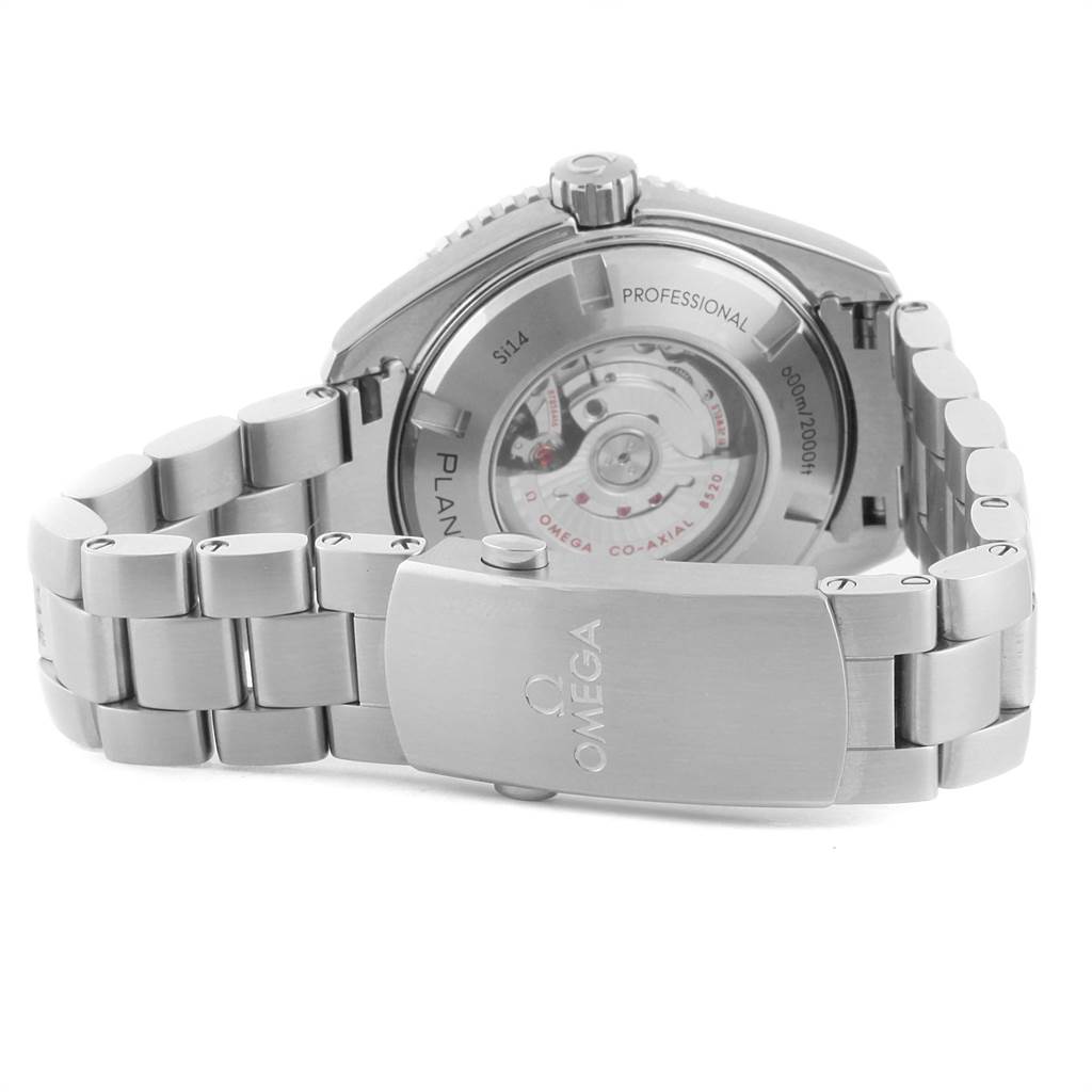 The image shows the back and bracelet of an Omega Planet Ocean 232.30.42.21.01.003 Men
s Stainless Steel Black Dial 232.30.42.21.01.003 Men
s Stainless Steel Black Dial watch, highlighting the clasp, case back, and movement.