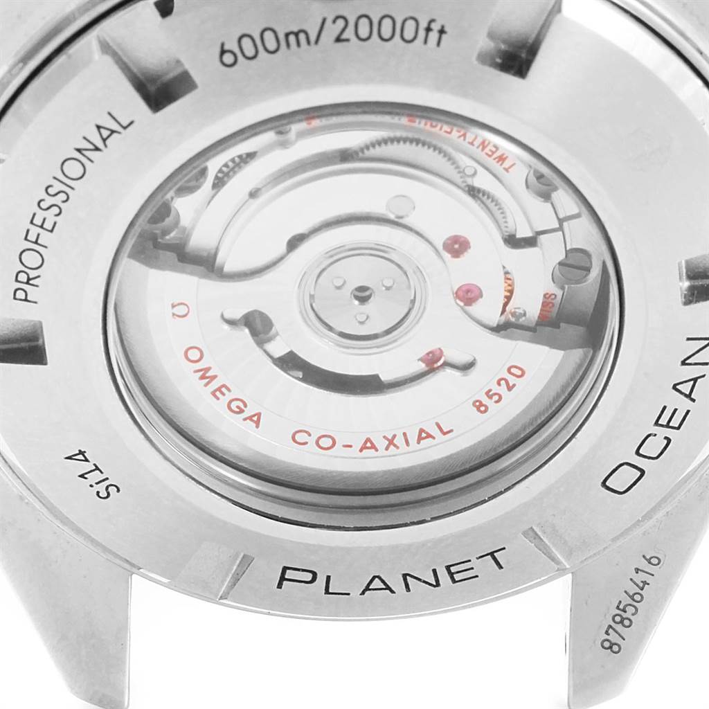The image shows the back case of the Omega Planet Ocean 232.30.42.21.01.003 Men
s Stainless Steel Black Dial 232.30.42.21.01.003 Men
s Stainless Steel Black Dial watch, highlighting the co-axial movement and waterproof rating.