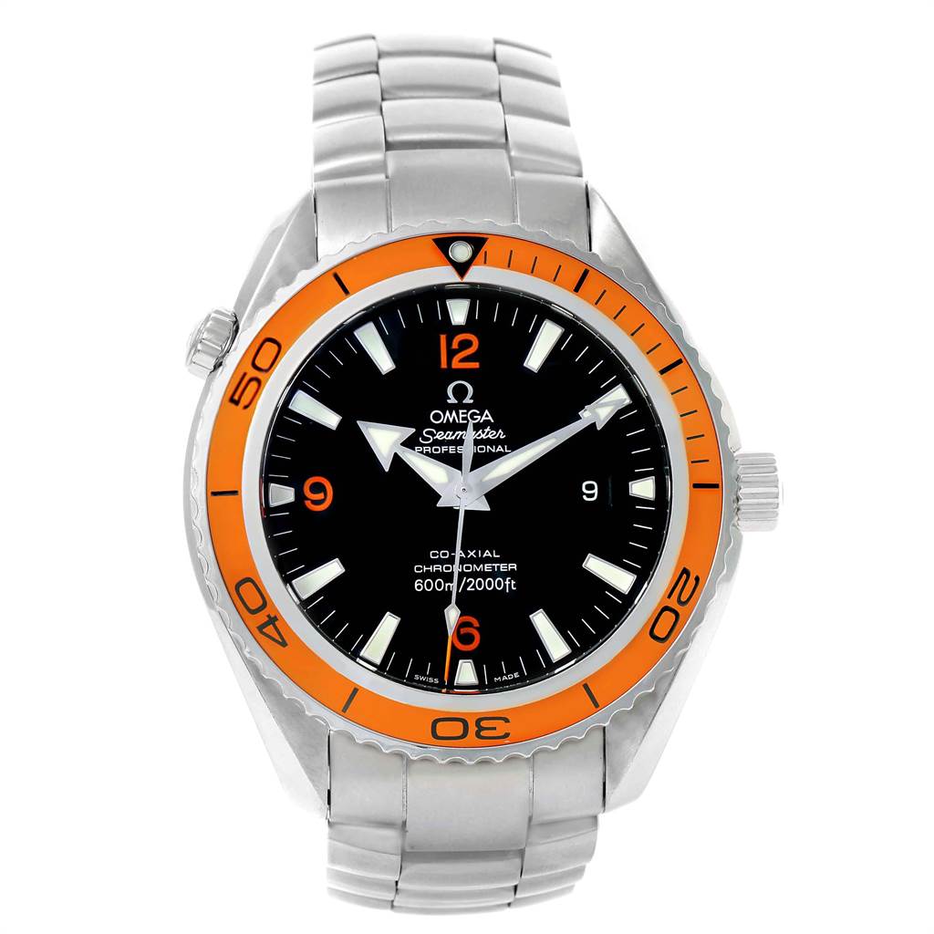 The image shows a front view of the Omega Planet Ocean 2208.50.00 Men
s Stainless Steel Black Dial 2208.50.00 Men
s Stainless Steel Black Dial watch, featuring its orange bezel, black dial, and stainless steel bracelet.