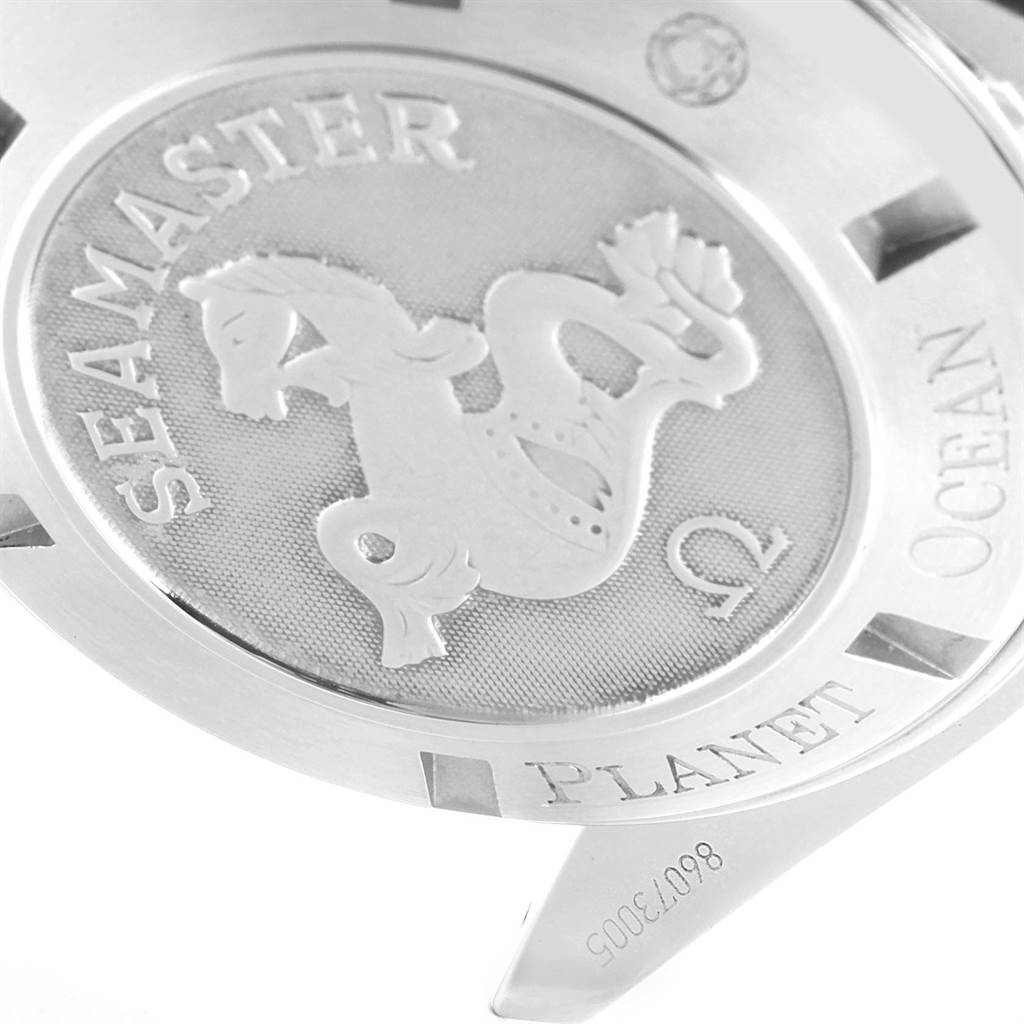 This image shows the case back and engraved design of an Omega Planet Ocean 2208.50.00 Men
s Stainless Steel Black Dial 2208.50.00 Men
s Stainless Steel Black Dial Seamaster watch at an angled close-up.